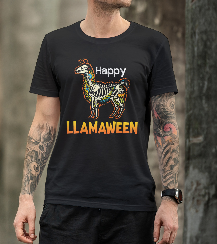 Happy Llamaween Funny Llama Skeleton Halloween T-Shirt