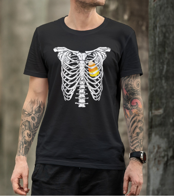 Candy Corn Inside Skeleton Ribs Halloween Humor T-Shirt