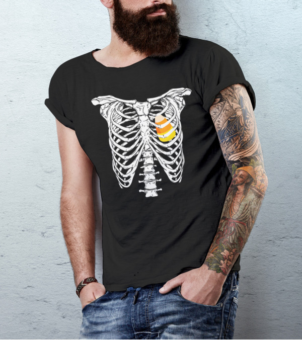 Candy Corn Inside Skeleton Ribs Halloween Humor T-Shirt