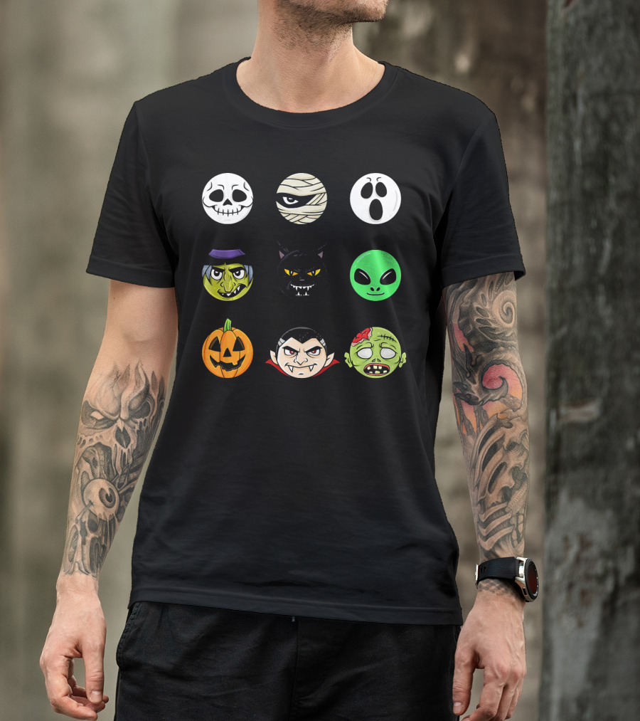 Scary Faces Halloween Emoji Emoji Icons Vampire Mummy Alien Ghost Pumpkin Monster Cat Witch T-Shirt