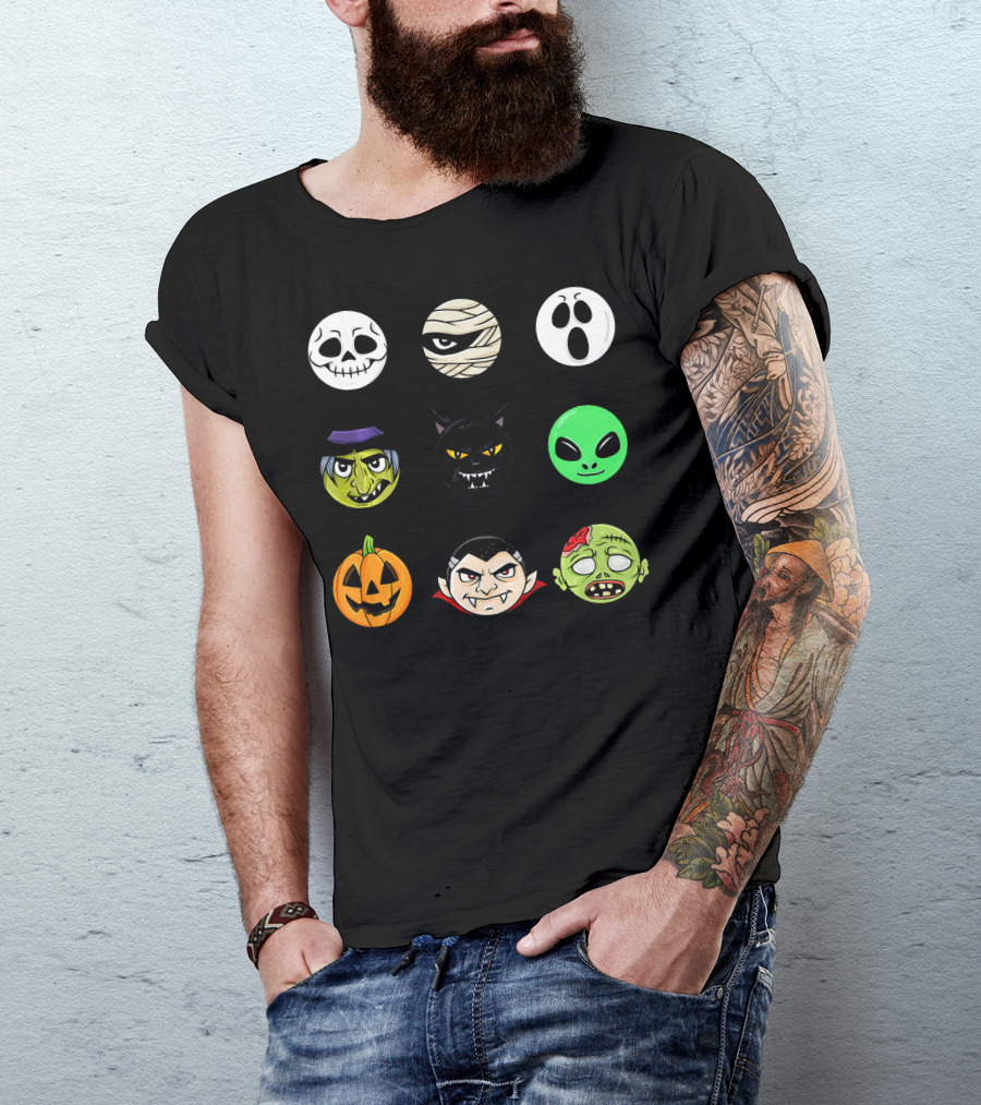 Scary Faces Halloween Emoji Emoji Icons Vampire Mummy Alien Ghost Pumpkin Monster Cat Witch T-Shirt