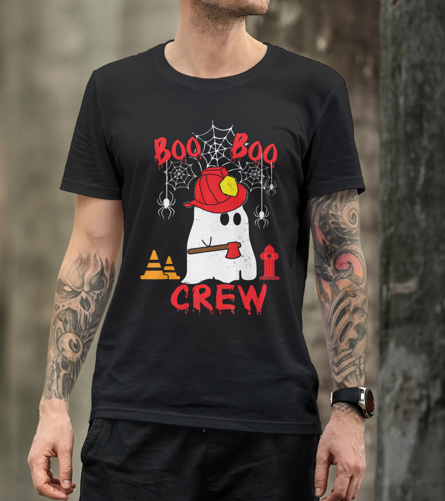Boo Boo Crew Firefighter Halloween Ghost Spiderwebs And Axe T-Shirt