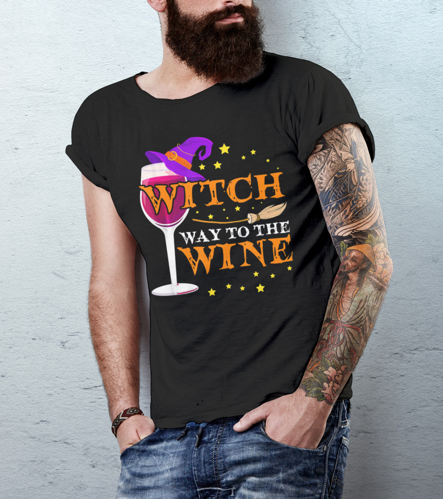 Witch Way To The Wine Halloween Wizard Hat Broomstick Stars T-Shirt