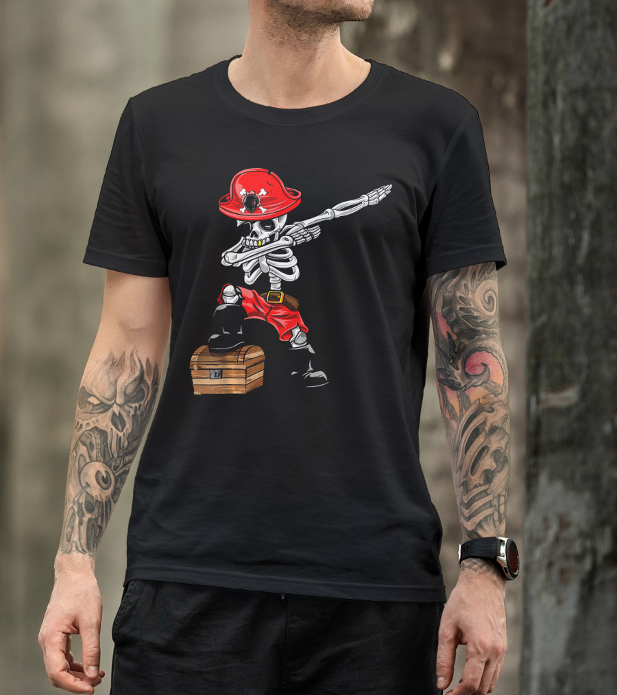 Dabbing Skeleton Pirate With Red Hat And Treasure Chest T-Shirt