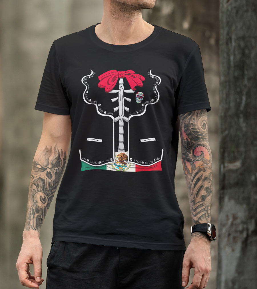 Day Of The Dead Dia De Los Muertos Mexican Skeleton Costume México Flag Sugar Skull Bow T-Shirt