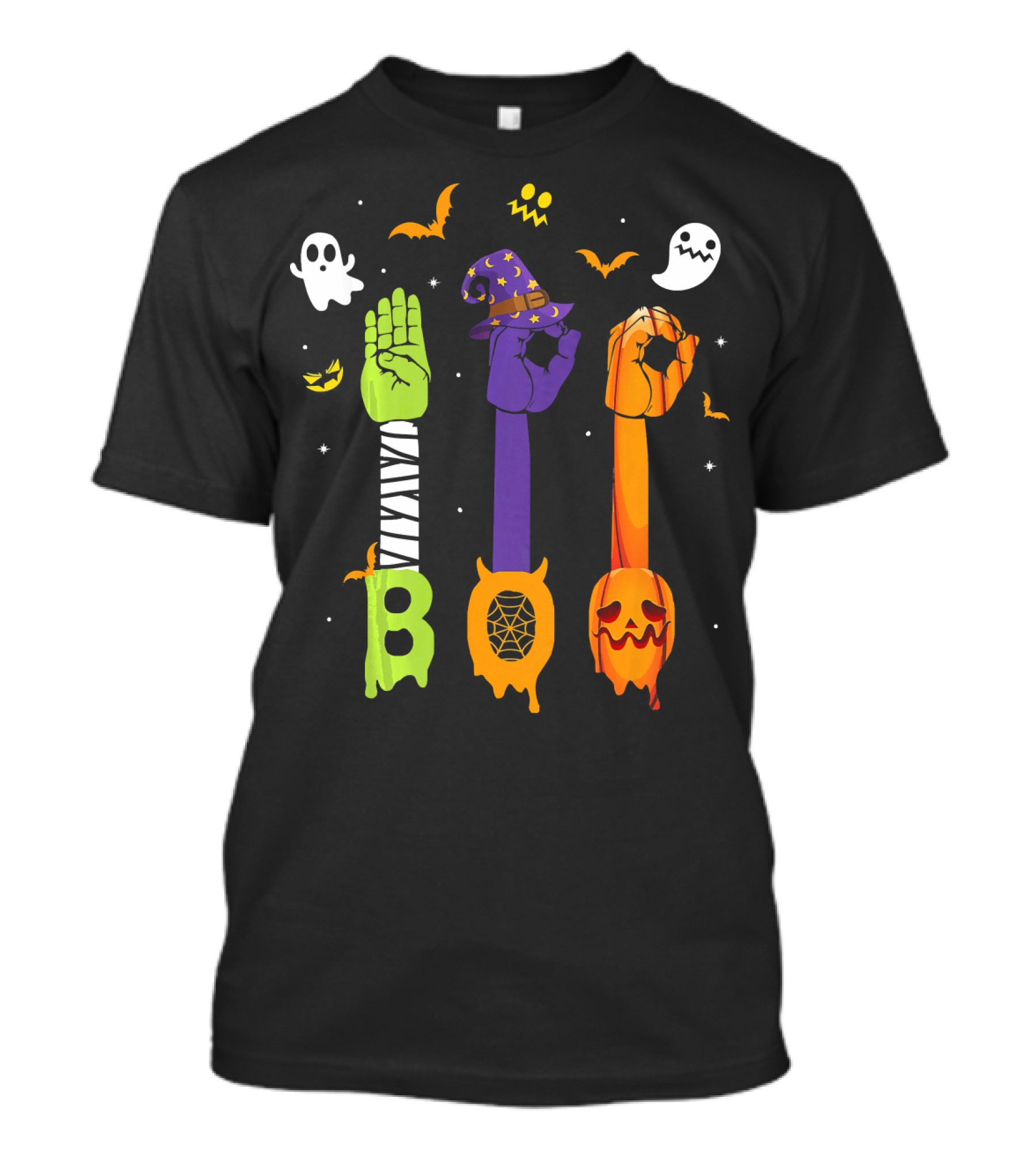 Boo Zombie Hand Sign Witch Hat Pumpkin Ghosts Halloween T-Shirt