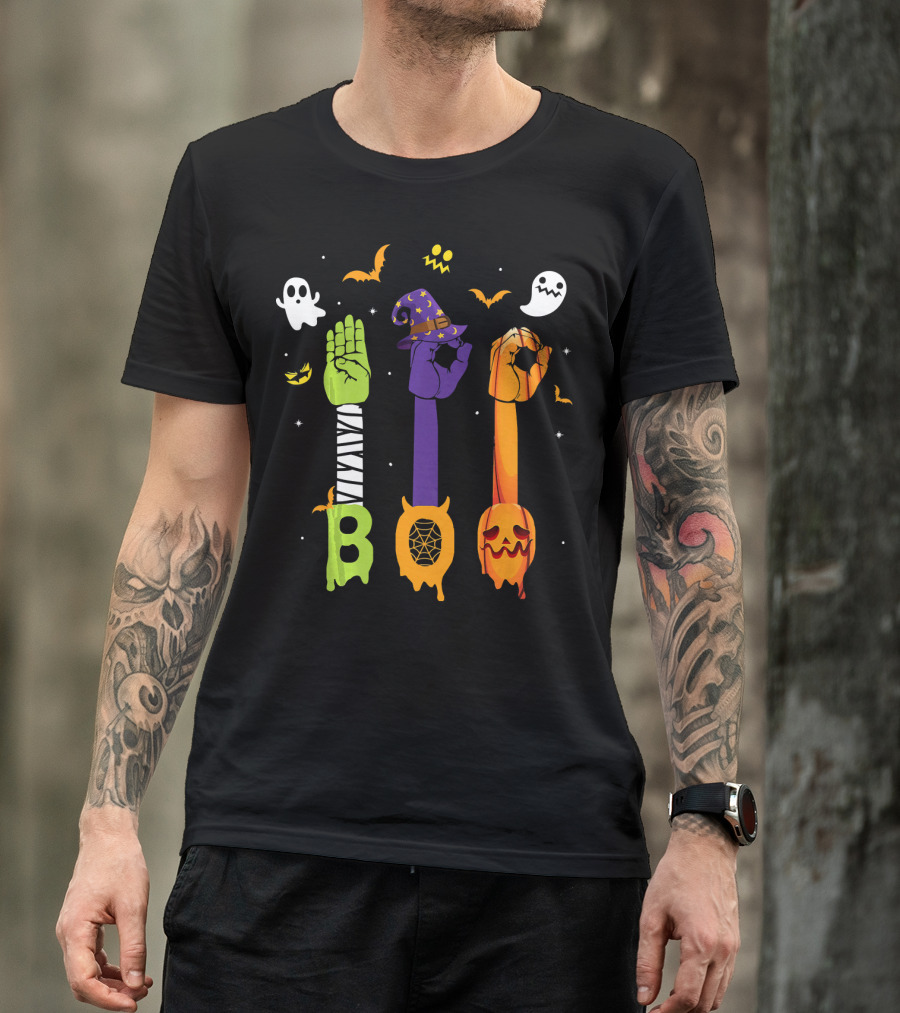 Boo Zombie Hand Sign Witch Hat Pumpkin Ghosts Halloween T-Shirt