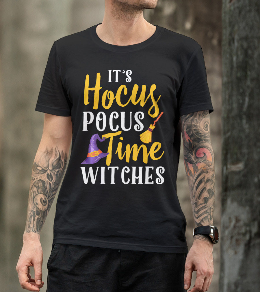 It's Hocus Pocus Time Witches Broom Hat T-Shirt