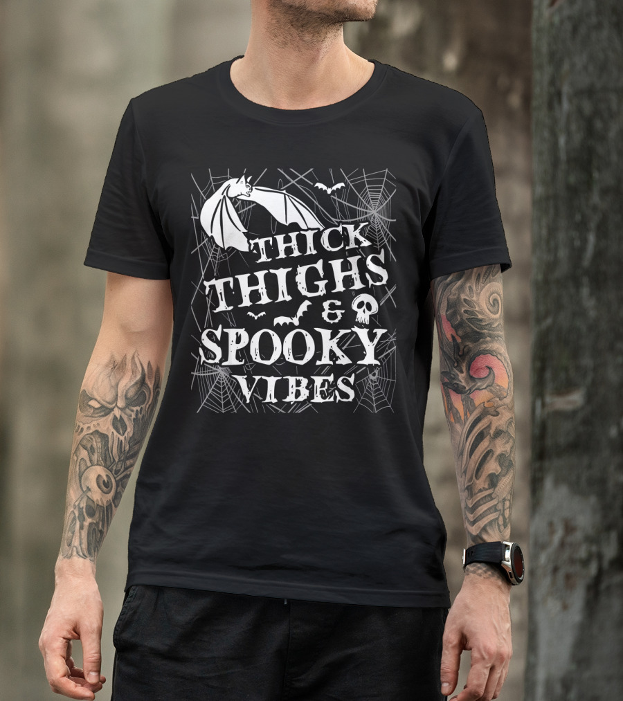 Thick Thighs Spooky Vibes Bat Skull Spider Webs T-Shirt