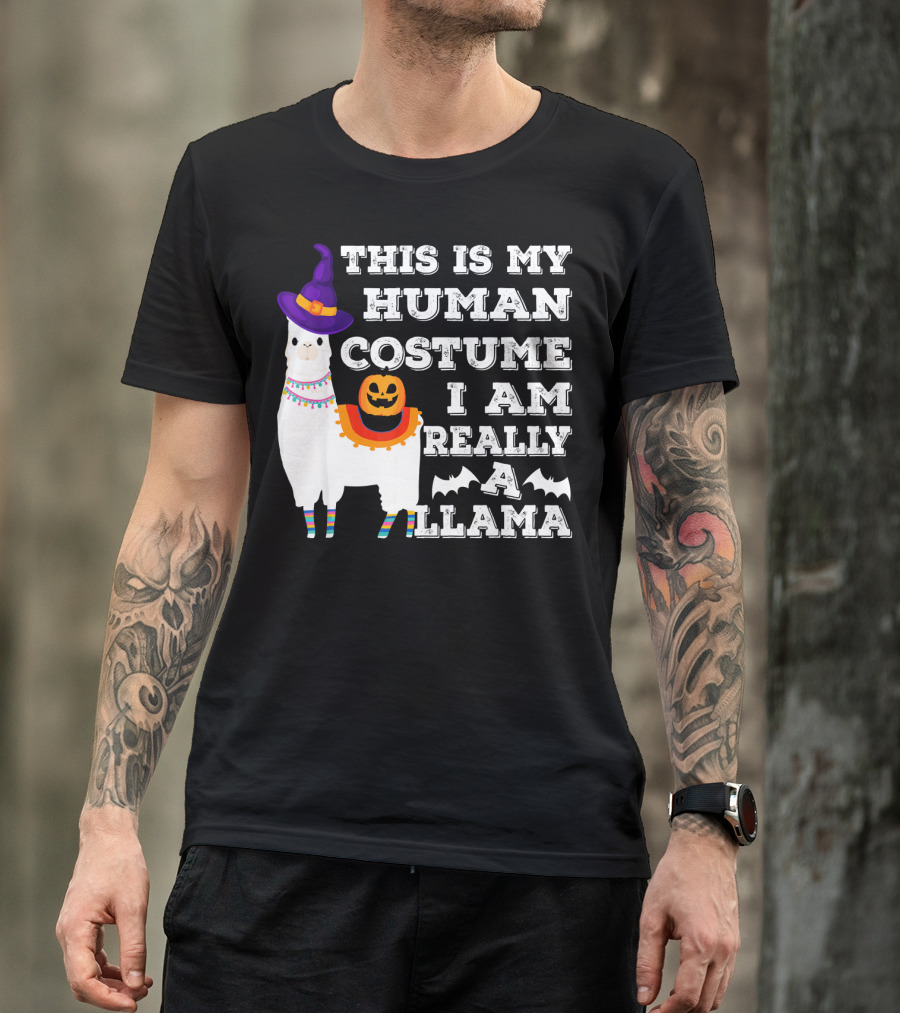 THIS IS MY HUMAN COSTUME I AM REALLY A LLAMA HALLOWEEN WITCH HAT PUMPKIN BAT T-Shirt