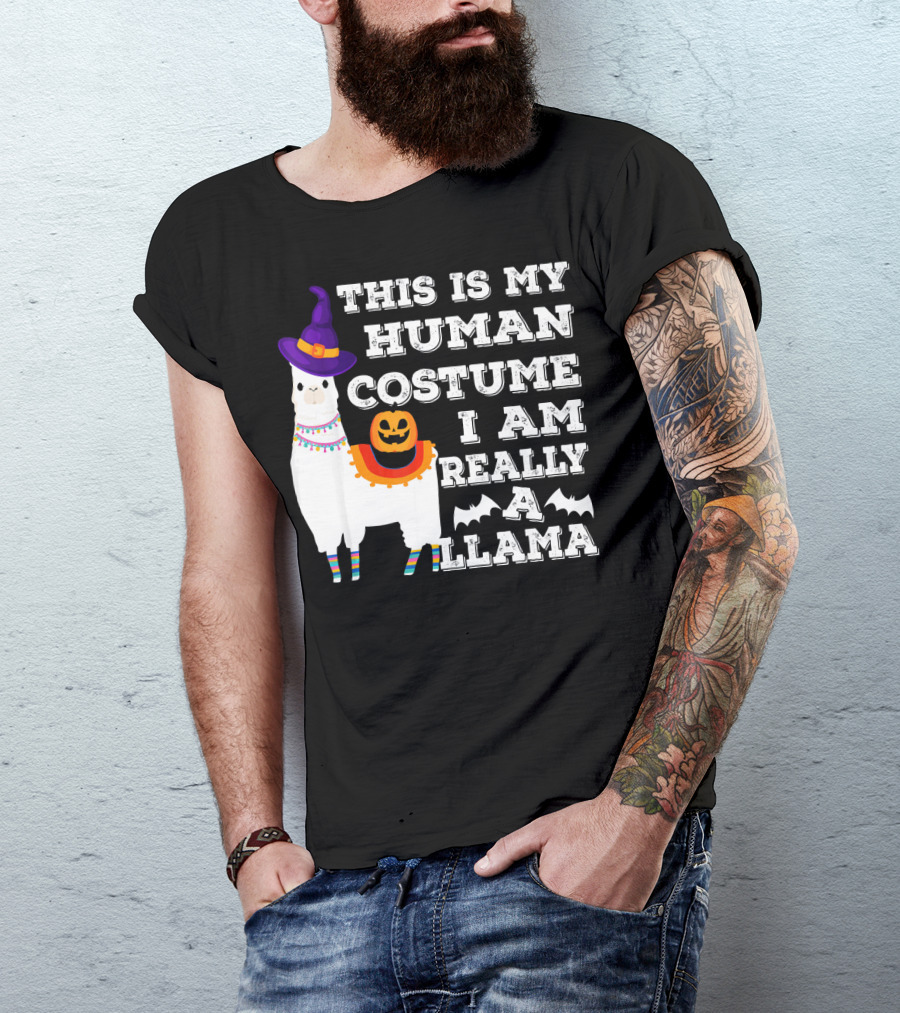 THIS IS MY HUMAN COSTUME I AM REALLY A LLAMA HALLOWEEN WITCH HAT PUMPKIN BAT T-Shirt