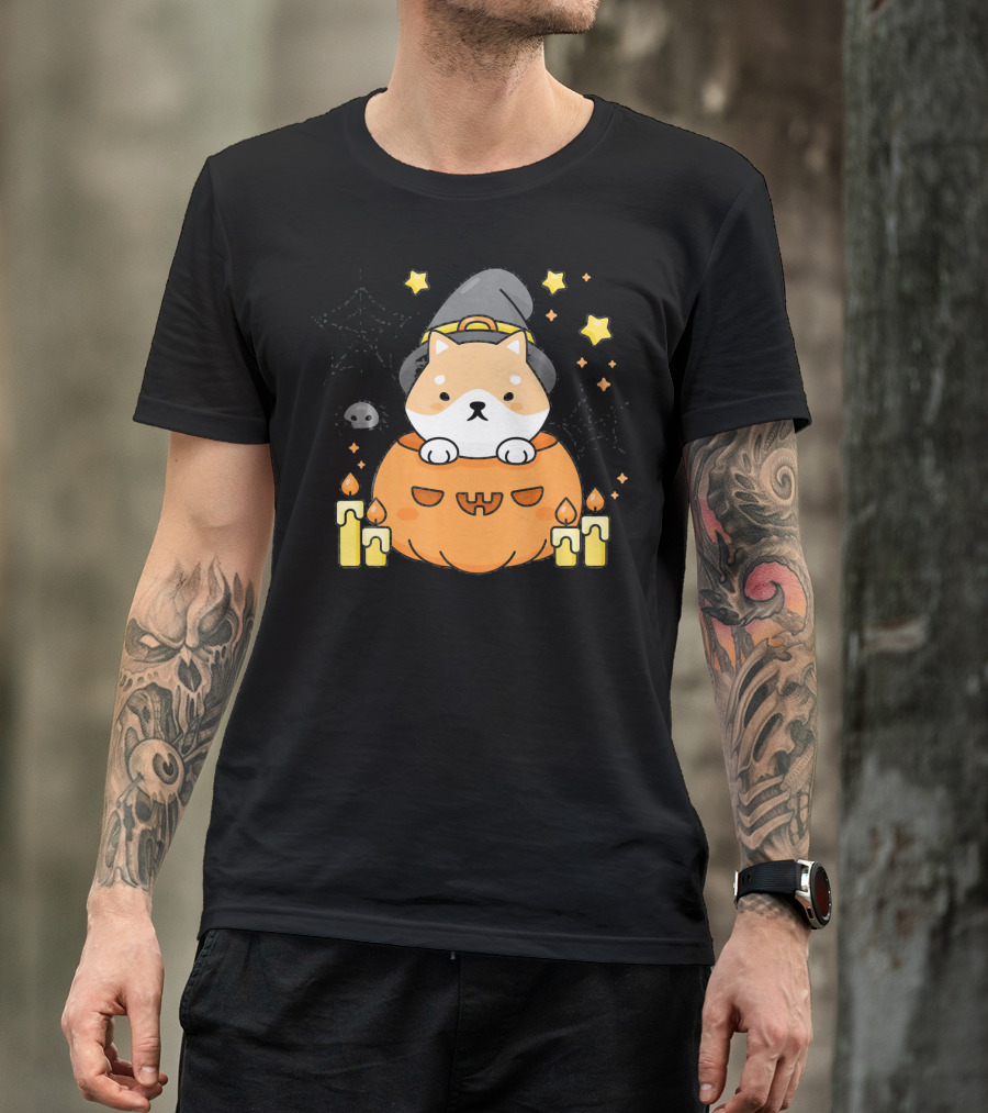 Kawaii Shiba Inu Dog In Witch Hat With Pumpkin And Candles Japanese T-Shirt