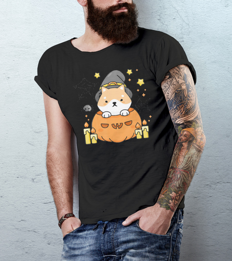 Kawaii Shiba Inu Dog In Witch Hat With Pumpkin And Candles Japanese T-Shirt