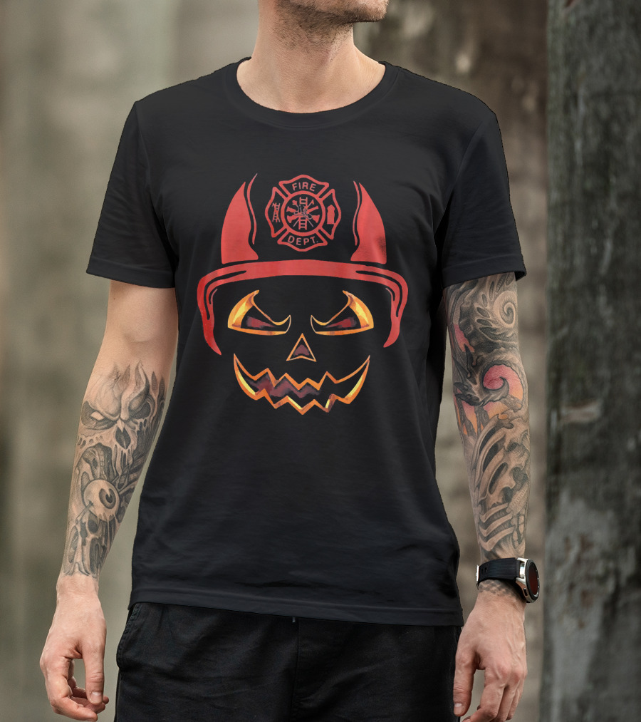 Fire Dept Pumpkin With Firefighter Helmet And Jack-O'-Lantern Face T-Shirt