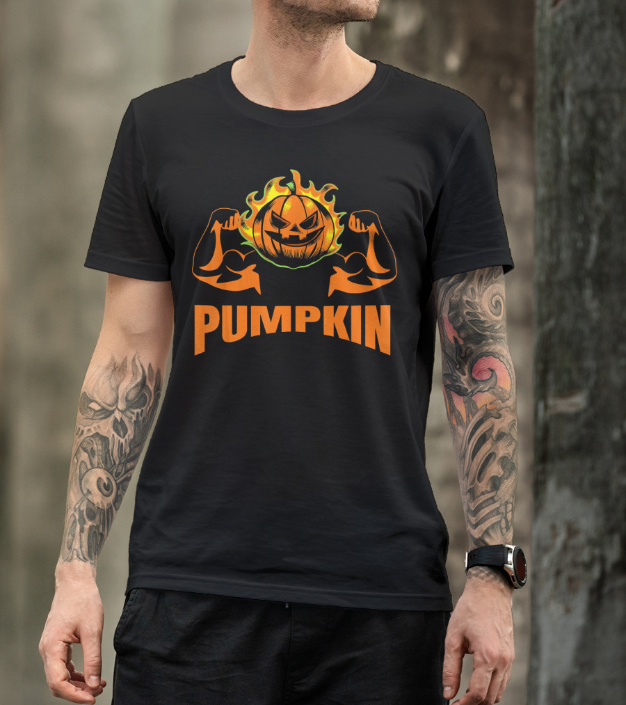 Bodybuilder Pumpkin Halloween Costume Muscles Jack-O'-Lantern T-Shirt