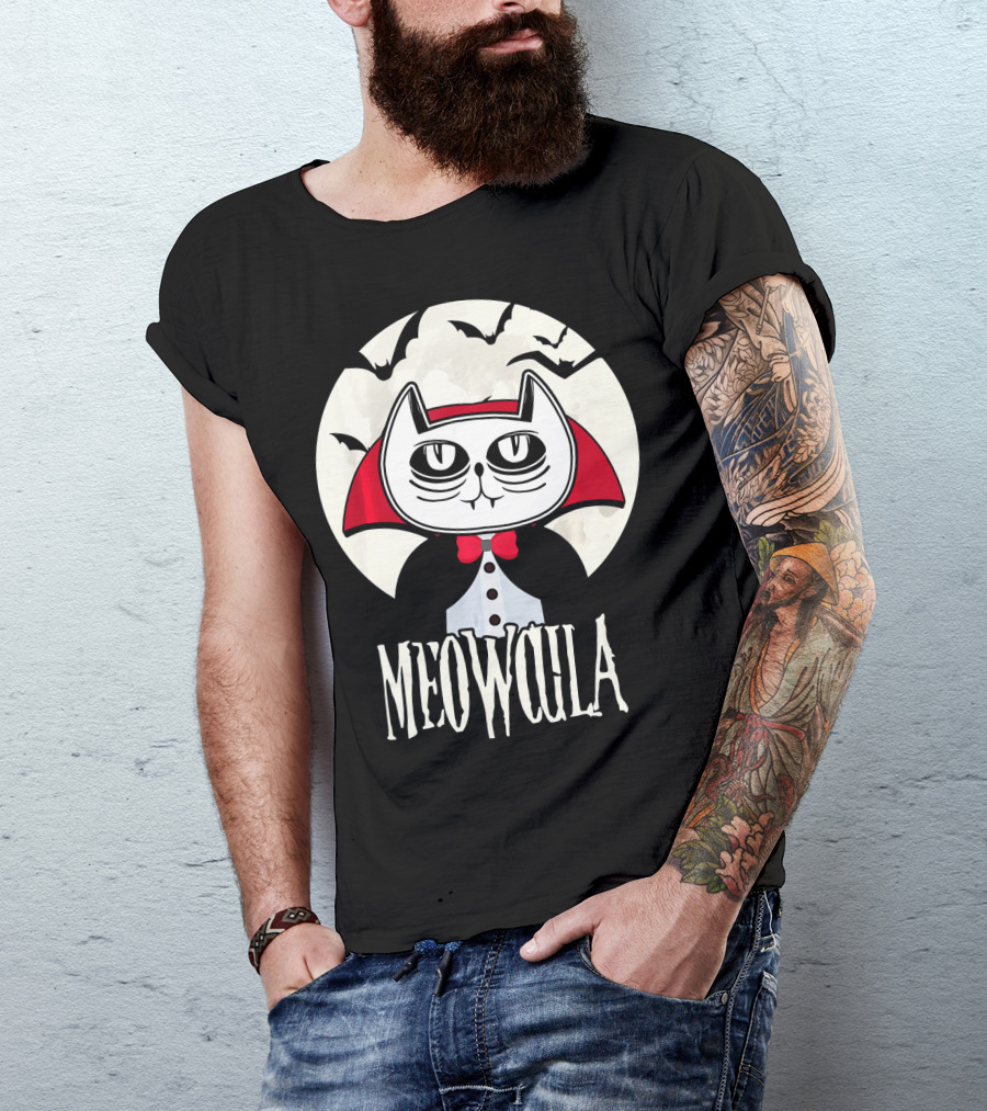 Meowcula Funny Cat Vampire Dracula Cartoon Bats Moon T-Shirt