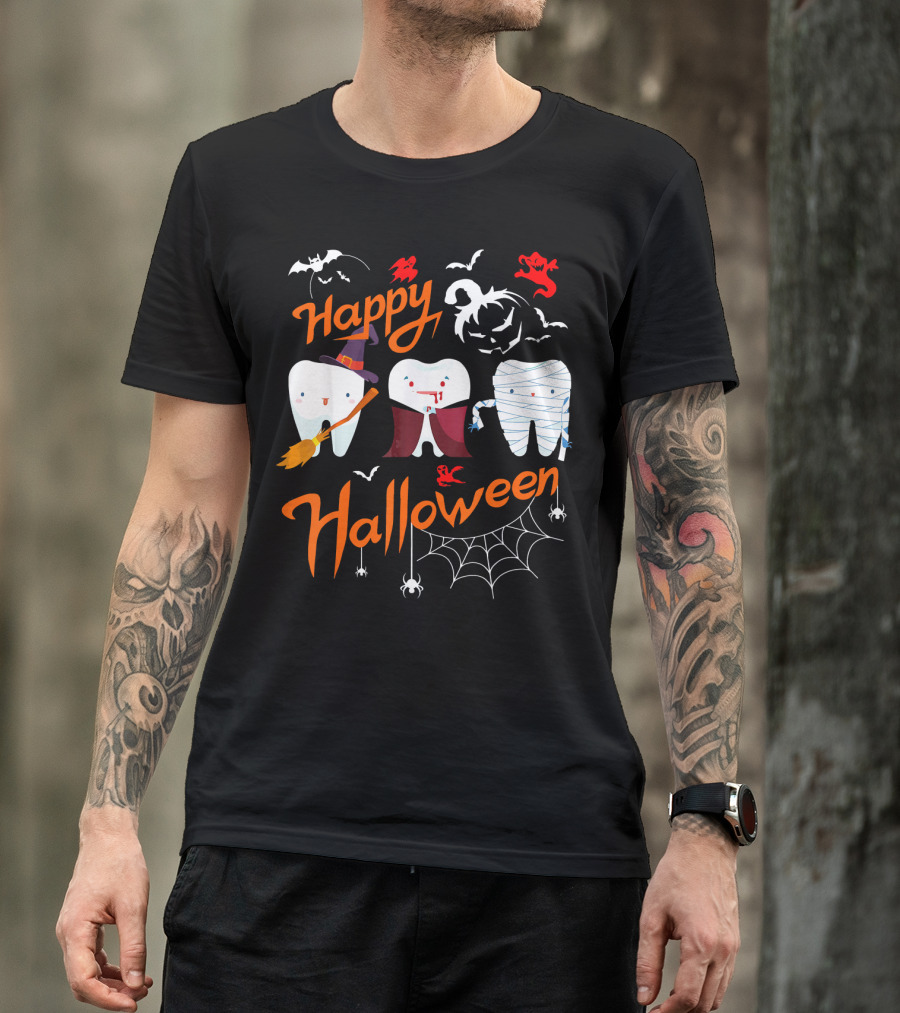 Happy Halloween Witch Vampire Mummy Teeth With Bats And Spiderweb T-Shirt