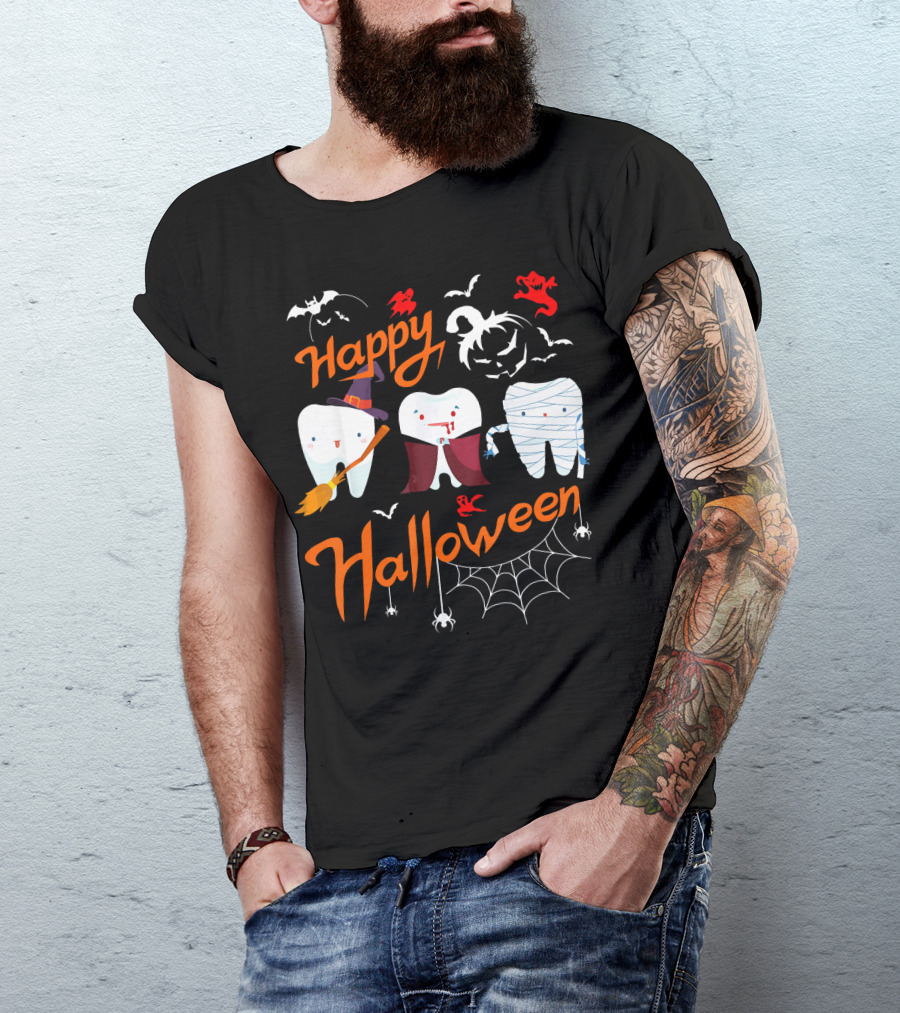 Happy Halloween Witch Vampire Mummy Teeth With Bats And Spiderweb T-Shirt