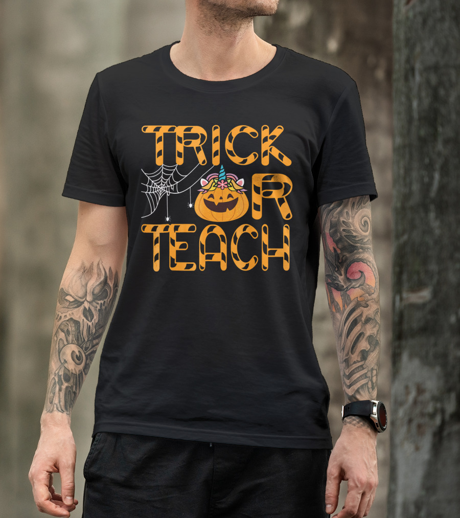 Trick Or Teach Funny Pumpkin Unicorn With Spider Web T-Shirt