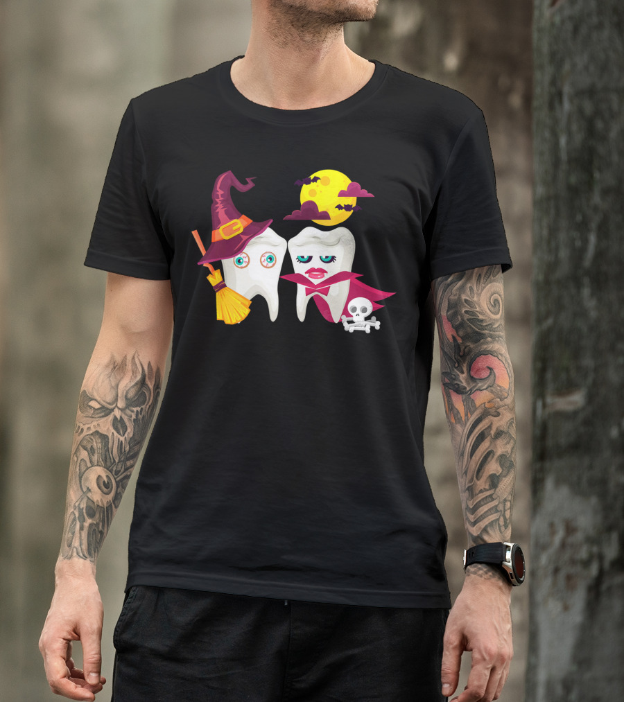 Witch Hat Broom Vampire Teeth Halloween Moon Bats T-Shirt
