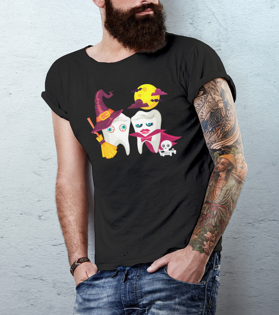Witch Hat Broom Vampire Teeth Halloween Moon Bats T-Shirt
