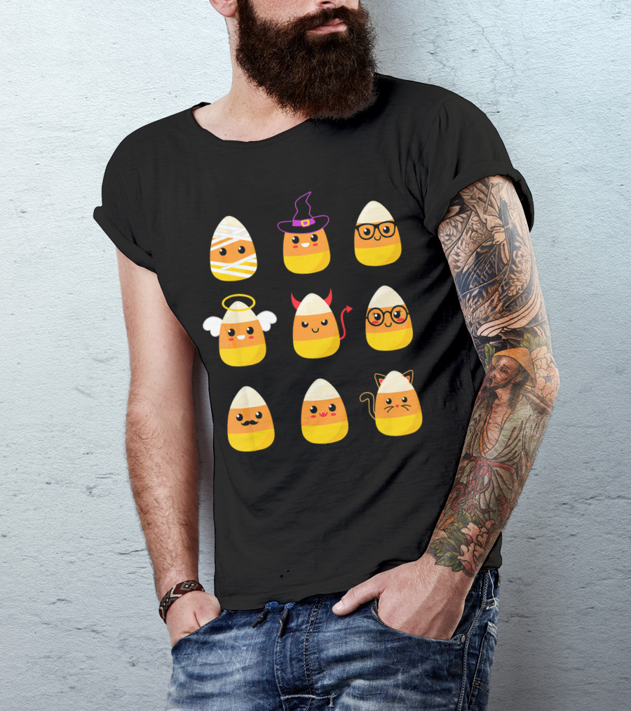 Candy Corn Characters Witch Angel Devil Cat Mummy Nerd Mustache T-Shirt