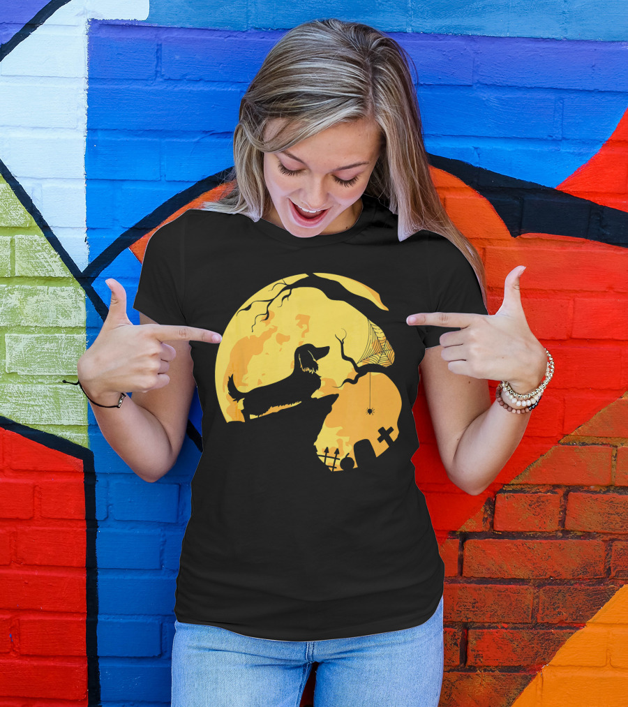 Dachshund Silhouette On Cliff With Full Moon And Halloween Graveyard Scene T-Shirt
