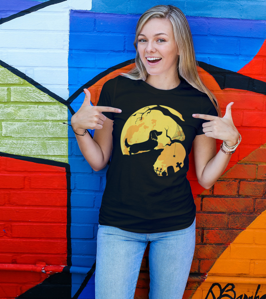 Dachshund Silhouette On Cliff With Full Moon And Halloween Graveyard Scene T-Shirt