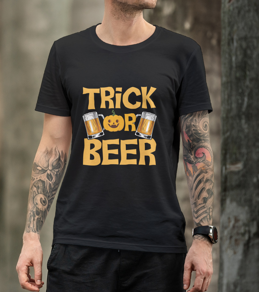 Trick Or Beer Funny Halloween Pumpkin Drinking T-Shirt