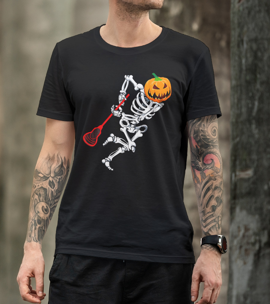 Skeleton Pumpkin Lacrosse Halloween T-Shirt