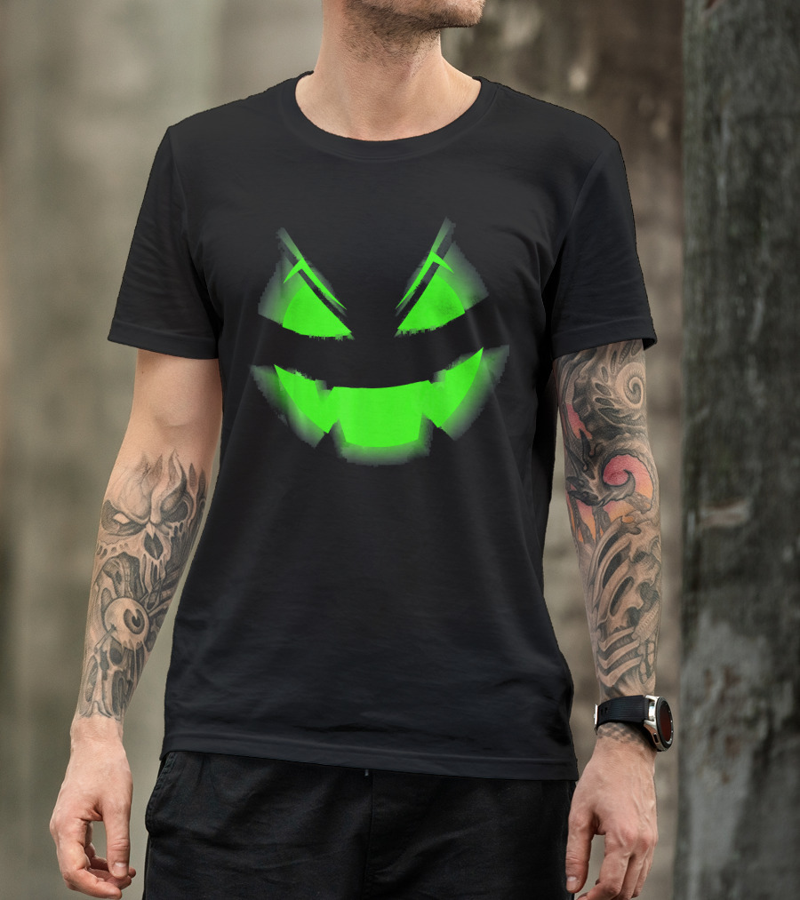 Glowing Green Scary Halloween Pumpkin Face T-Shirt
