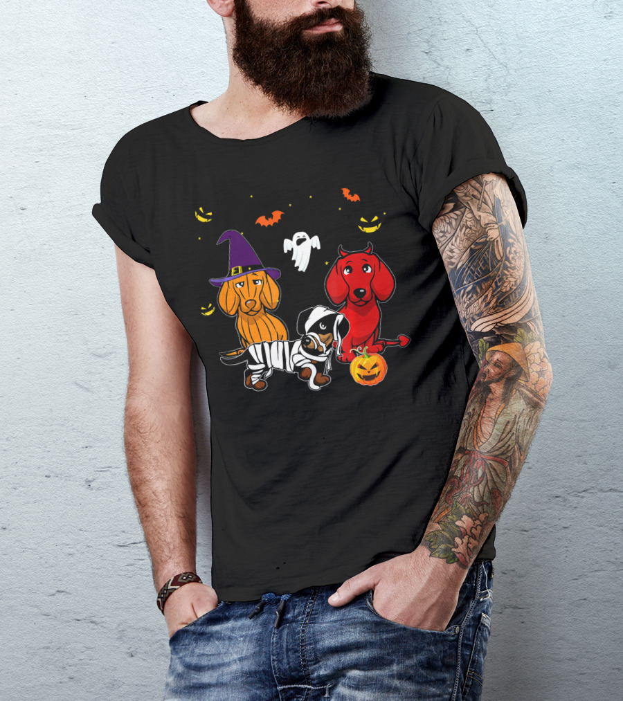 Dachshund In Witch, Devil, And Mummy Costumes With Pumpkin And Ghost T-Shirt