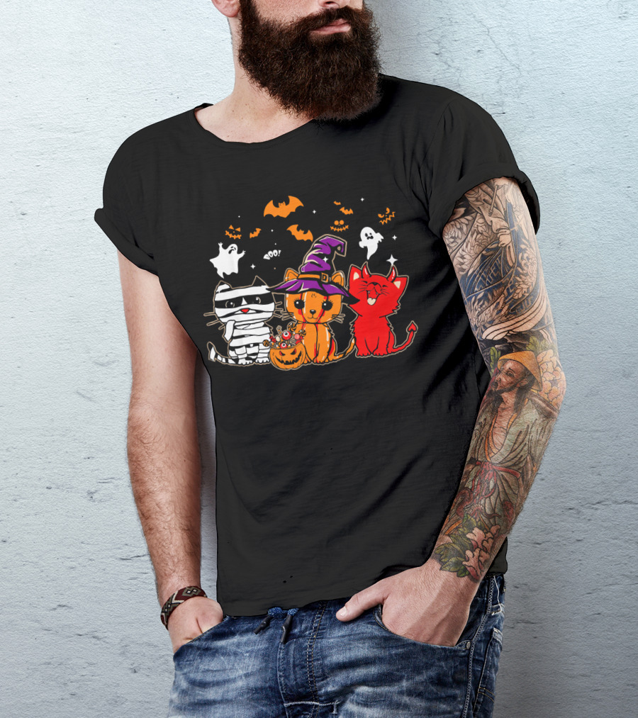 Funny Cat Trio In Halloween Costumes With Ghosts And Pumpkins T-Shirt