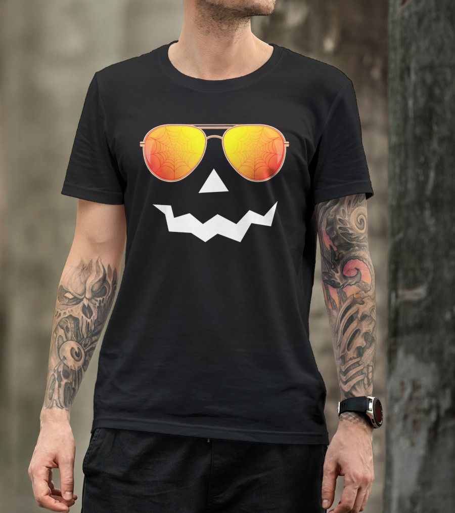 Halloween Jack O Lantern With Sunglasses And Spider Web Reflection T-Shirt