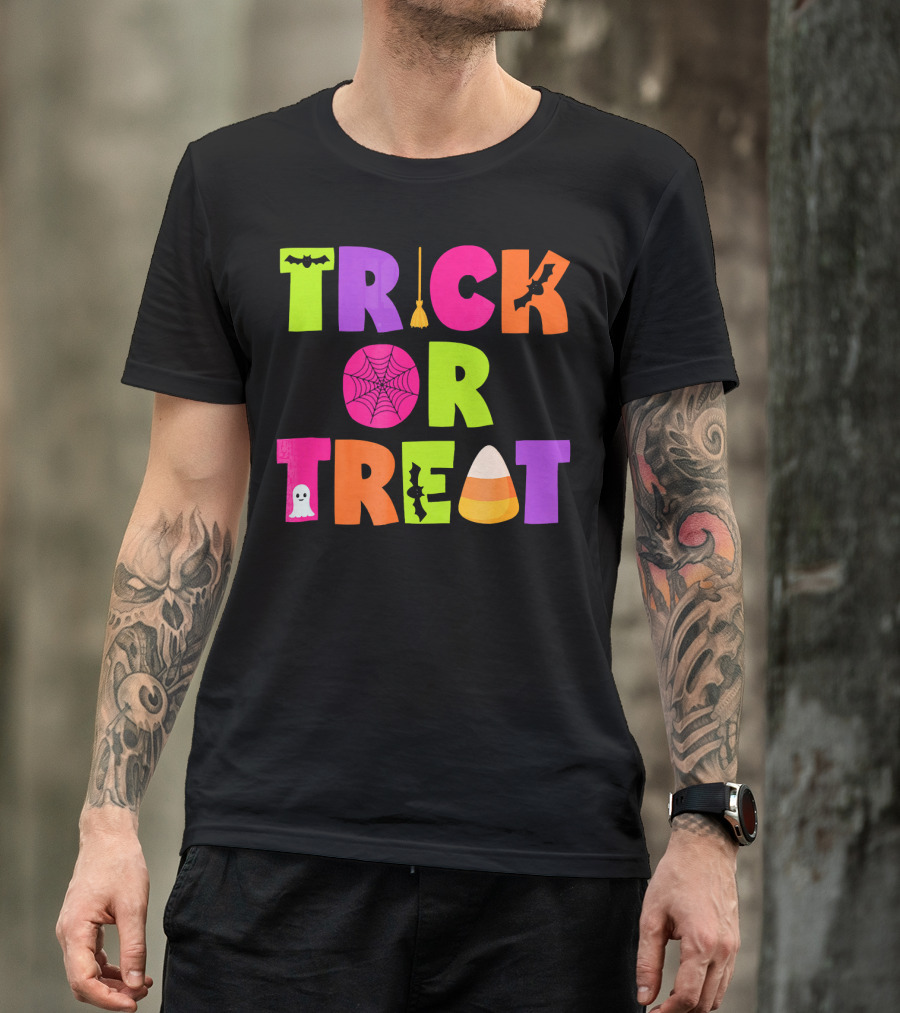 Trick Or Treat Bat Broom Spiderweb Ghost Candy Corn Halloween T-Shirt