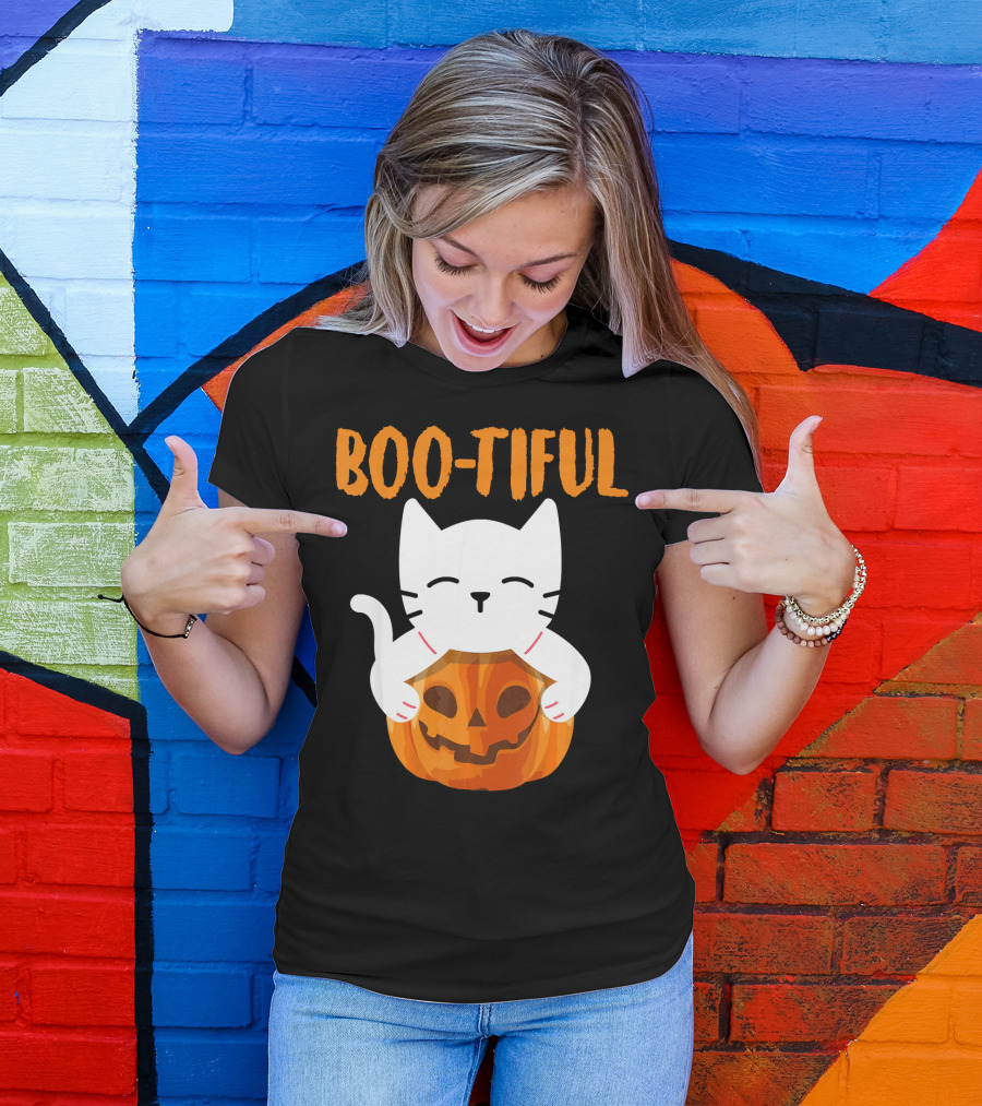 Boo-tiful Cat With Pumpkin Halloween Toddler Girls Boys T-Shirt