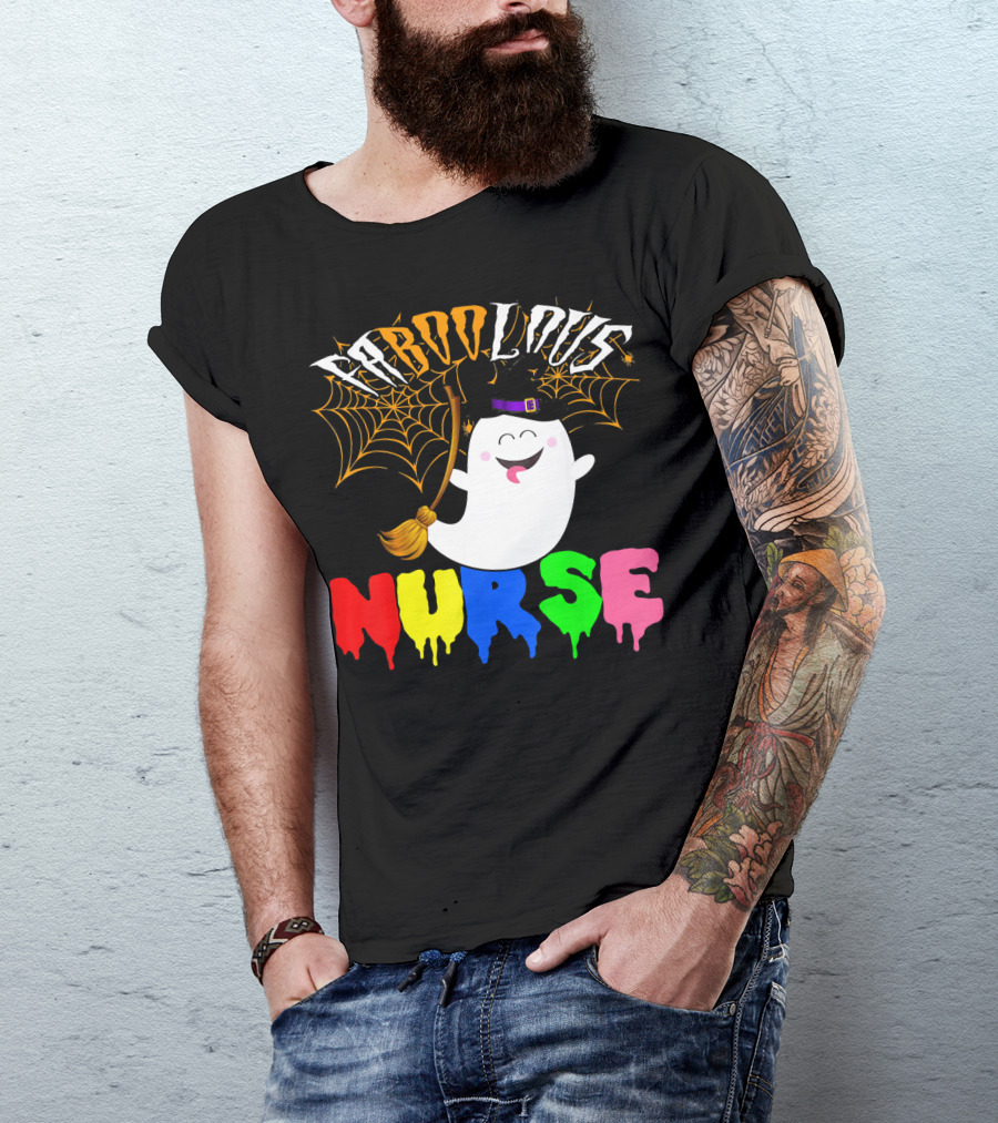 Faboolous Nurse Ghost With Witch Hat And Broom Halloween T-Shirt