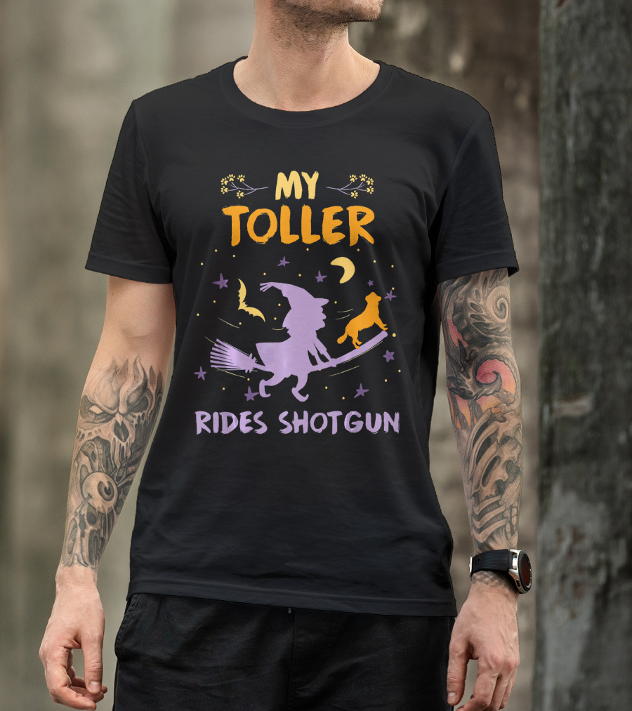 My Toller Rides Shotgun Halloween Witch And Dog Moon Stars T-Shirt
