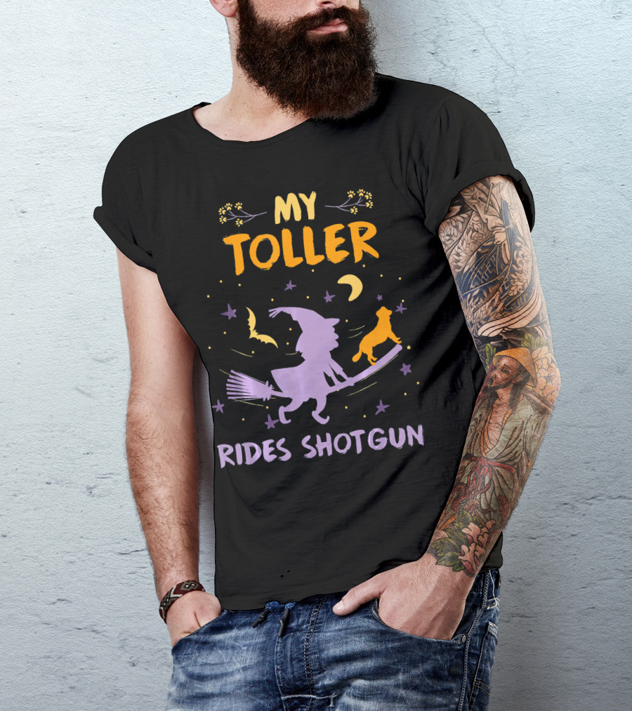 My Toller Rides Shotgun Halloween Witch And Dog Moon Stars T-Shirt