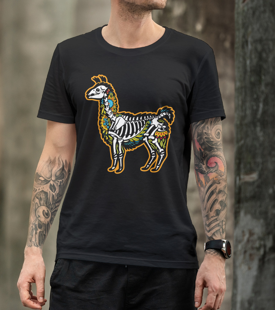 Colorful Dia De Los Muertos Llama Skeleton T-Shirt