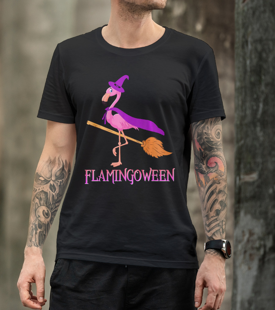 Flamingoween Witch Flamingo Riding Broomstick T-Shirt
