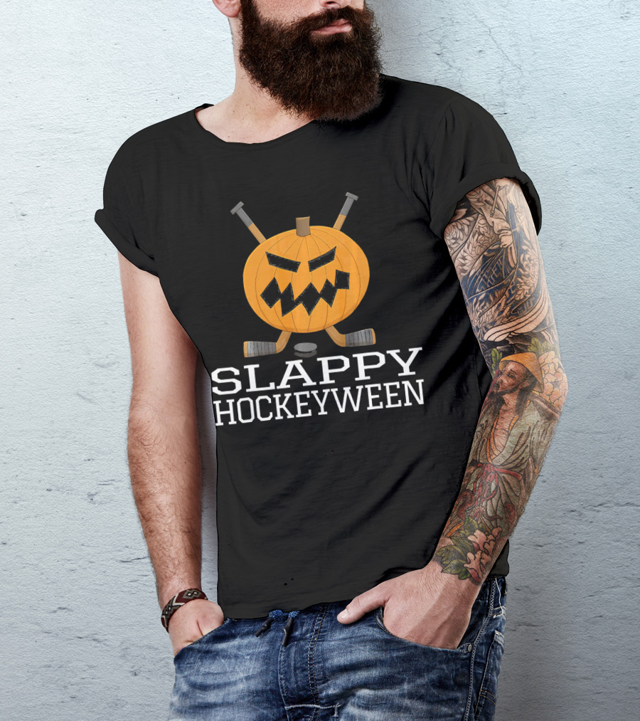 SLAPPY HOCKEYWEEN Pumpkin Ice Hockey Halloween T-Shirt