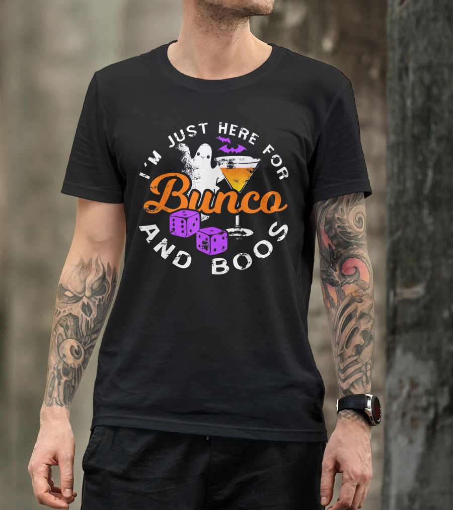 I'm Just Here For Bunco And Boos Ghost Bat Cocktail Dice T-Shirt