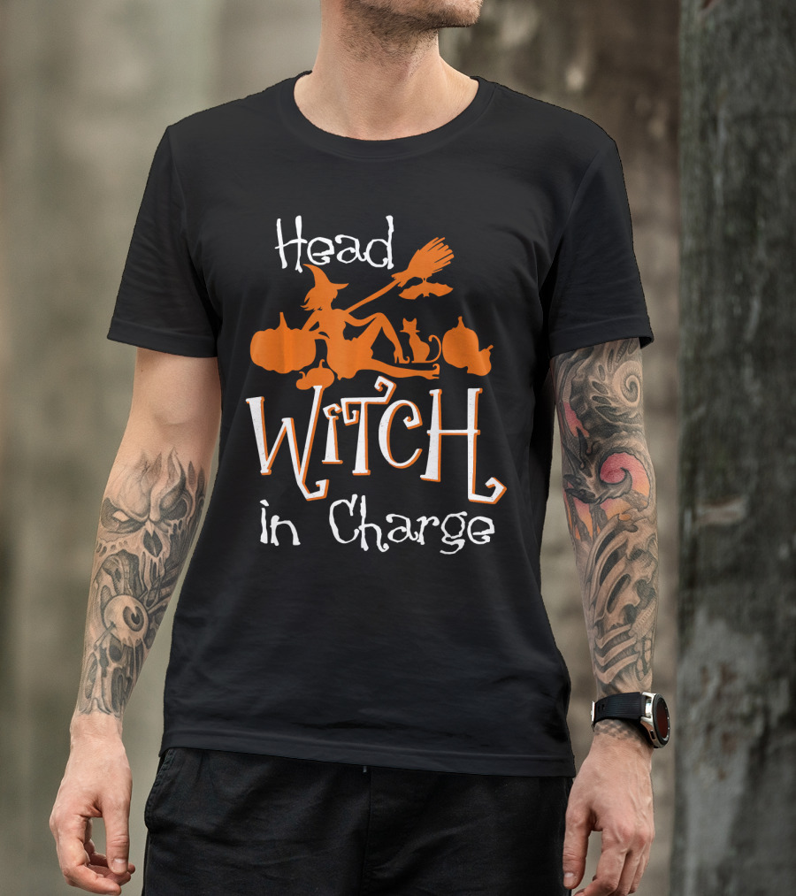 Head Witch In Charge Funny Halloween Pumpkins Broomstick Cat T-Shirt