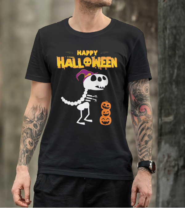 Happy Halloween Funny Rex Skeleton With Witch Hat And Pumpkins T-Shirt
