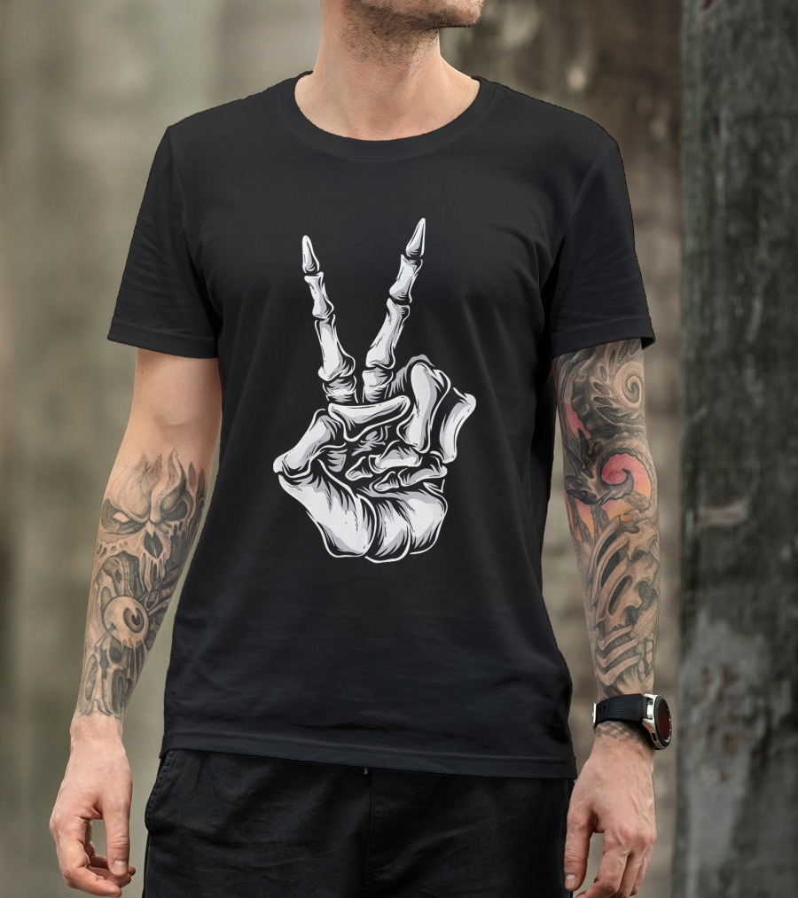 Skeleton Hand Peace Sign Halloween Night T-Shirt
