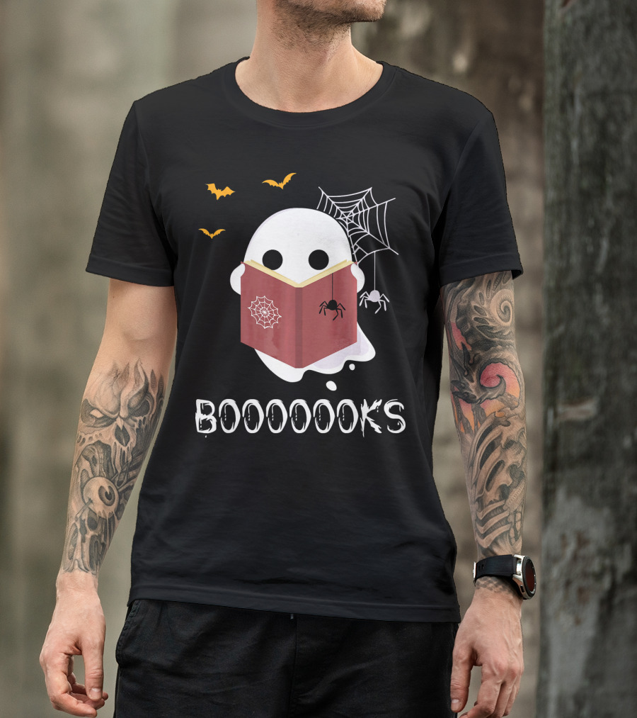 Booooooks Funny Boo Read Books Reading Ghost Spider Web Bats T-Shirt