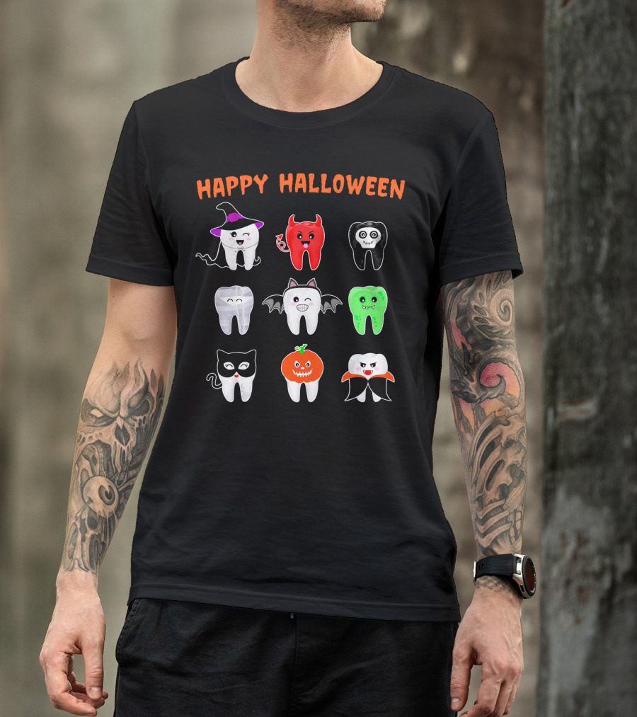 Happy Halloween Cute Tooth Monsters In Costume T-Shirt