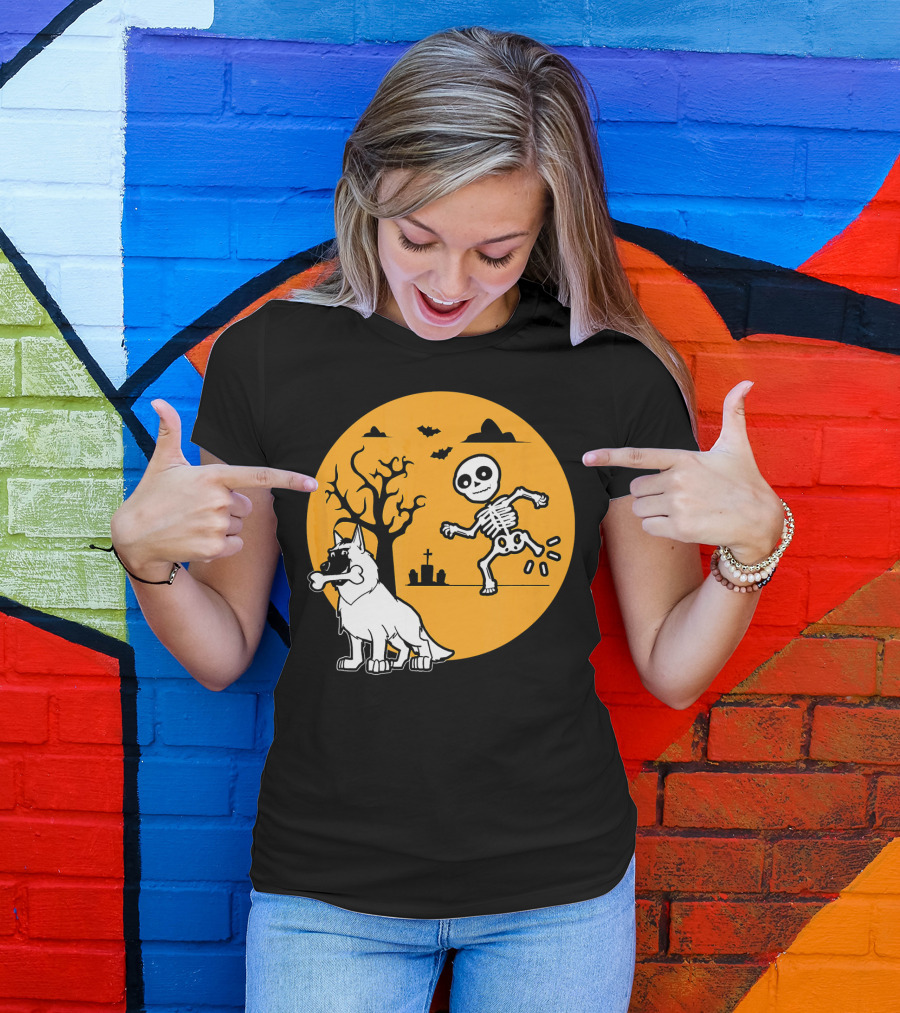 Belgian Malinois Skeleton Bone Halloween Moon Graveyard Scene T-Shirt