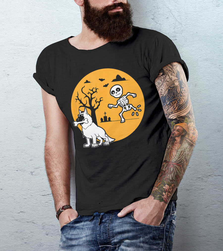 Belgian Malinois Skeleton Bone Halloween Moon Graveyard Scene T-Shirt